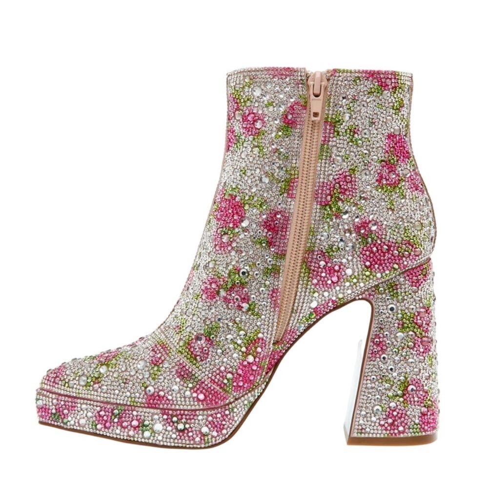 Betsey Johnson Della Pink Floral rhinestone Platform Boot with Teal Heel - Picture 3 of 16